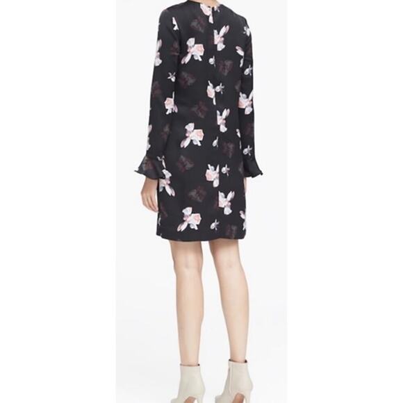 Banana Republic Women's Floral Ruffle-Cuff Dress Sheath Shift Lined Black Print - Picture 2 of 8